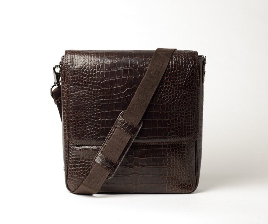 Homme Mac Douglas Besaces | Esteban Hary Besace Cuir Facon Croco Chocolat